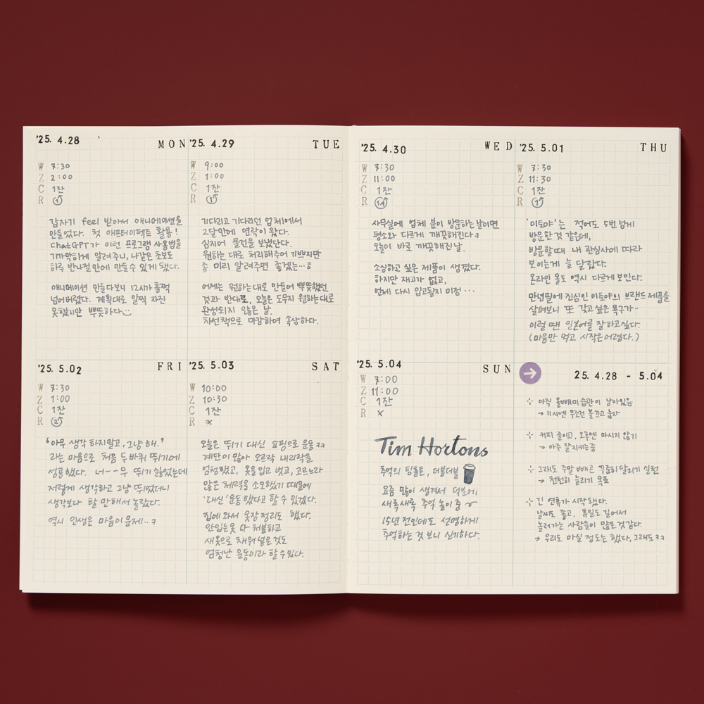 미도리 엠디노트 저널 Midori MD Notebook Journal L A5 사이즈 - 한 페이지엔 4개 블록으로 크게 나눌 수 있어서 두 페이지를 1주 다이어리로 사용하기 좋아요