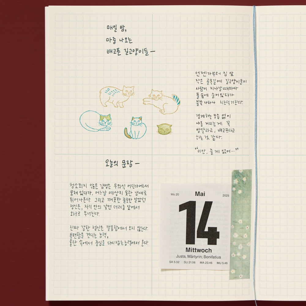 미도리 엠디노트 저널 Midori MD Notebook Journal L A5 사이즈 - 5mm 간격의 하늘색으로 인쇄된 모눈 그리드로 레이아웃을 잡기 편한 내지